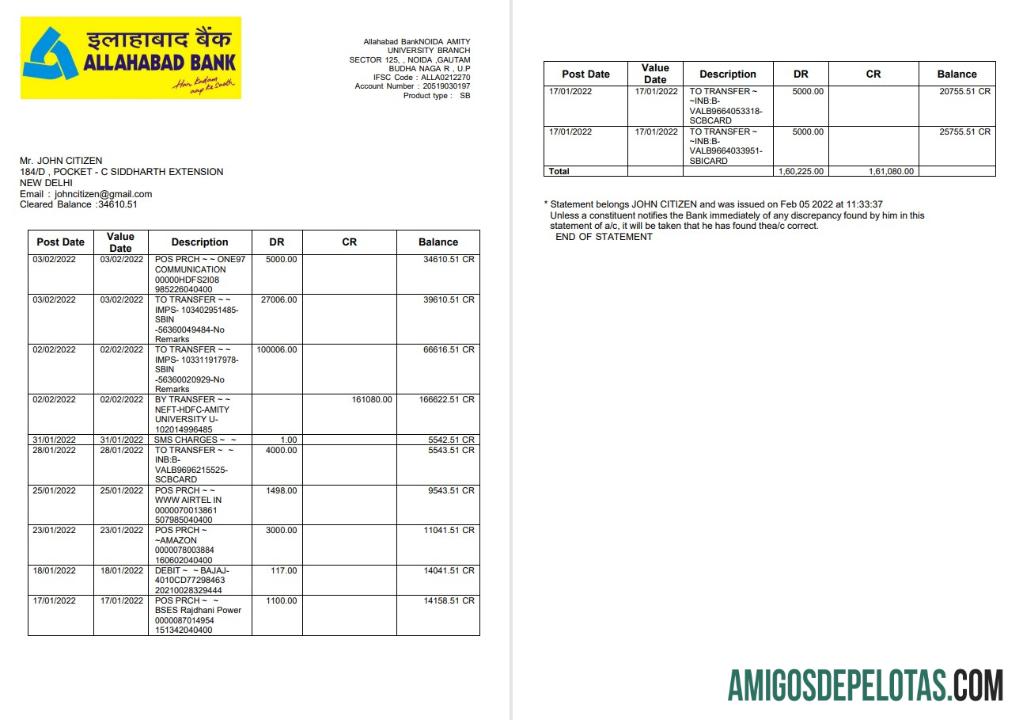 India Allahabad Bank Statement 2 Pages amostra